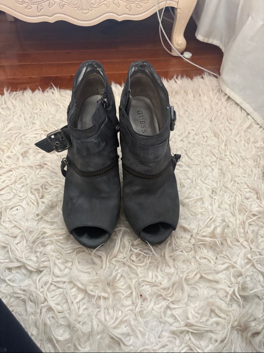 GUESS Black Peep-Toe Buckle Ankle Booties